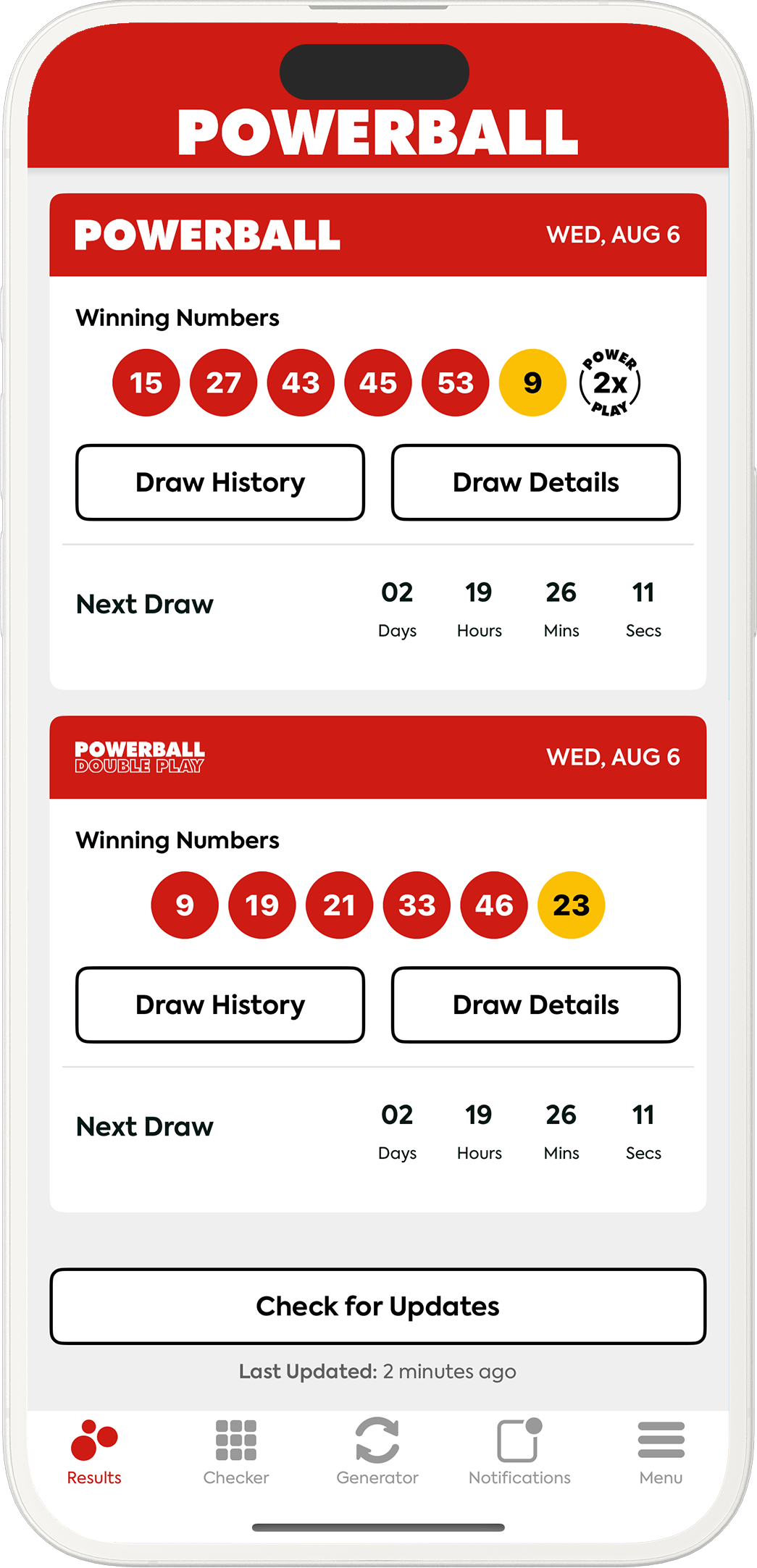 Image of the Powerball Lottery Results app on iOS