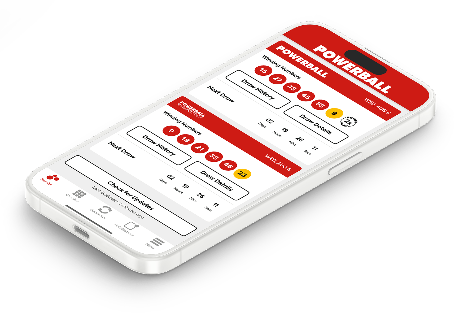 Image of the Powerball Lottery Results app on iOS
