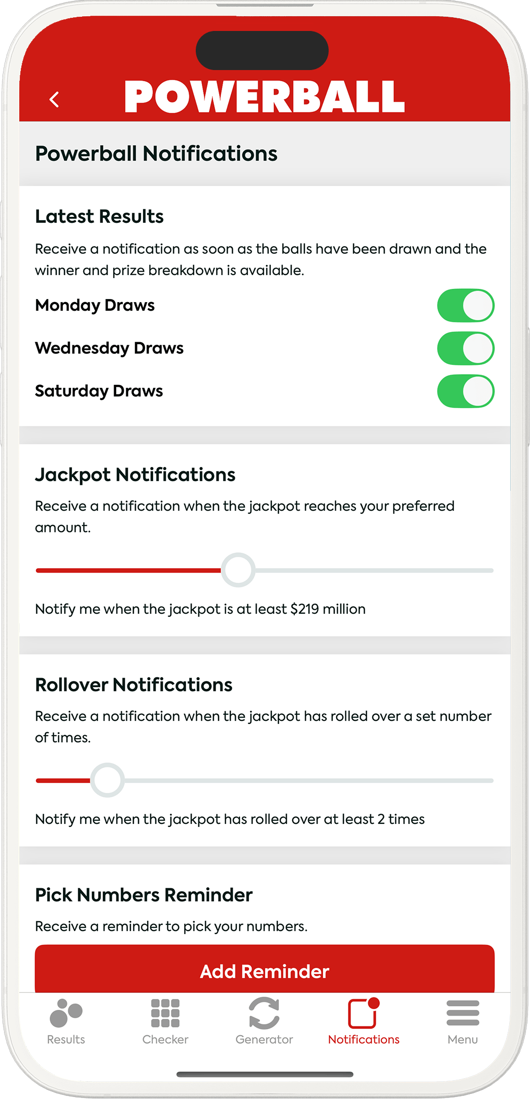 An image showing the Powerball app notification options