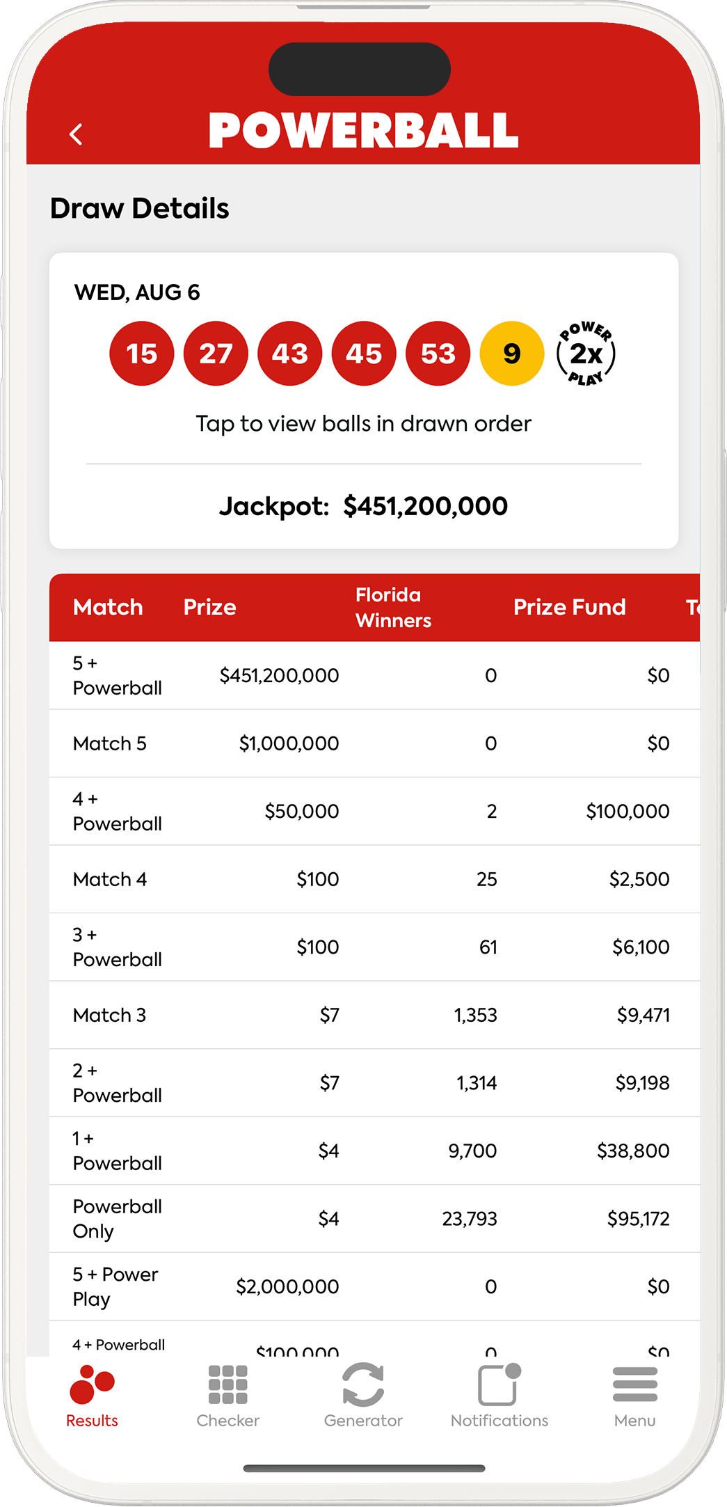 An image showing the Powerball app results pages