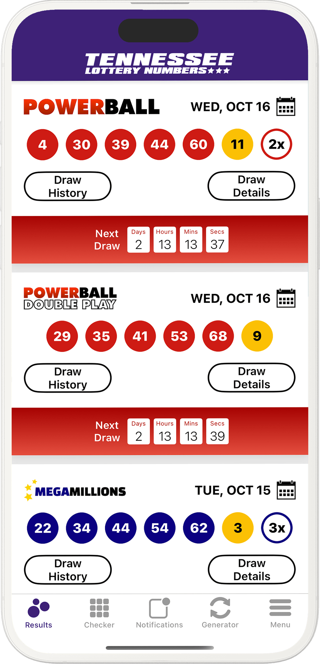 Image of the Tennessee Lottery Results app on iOS