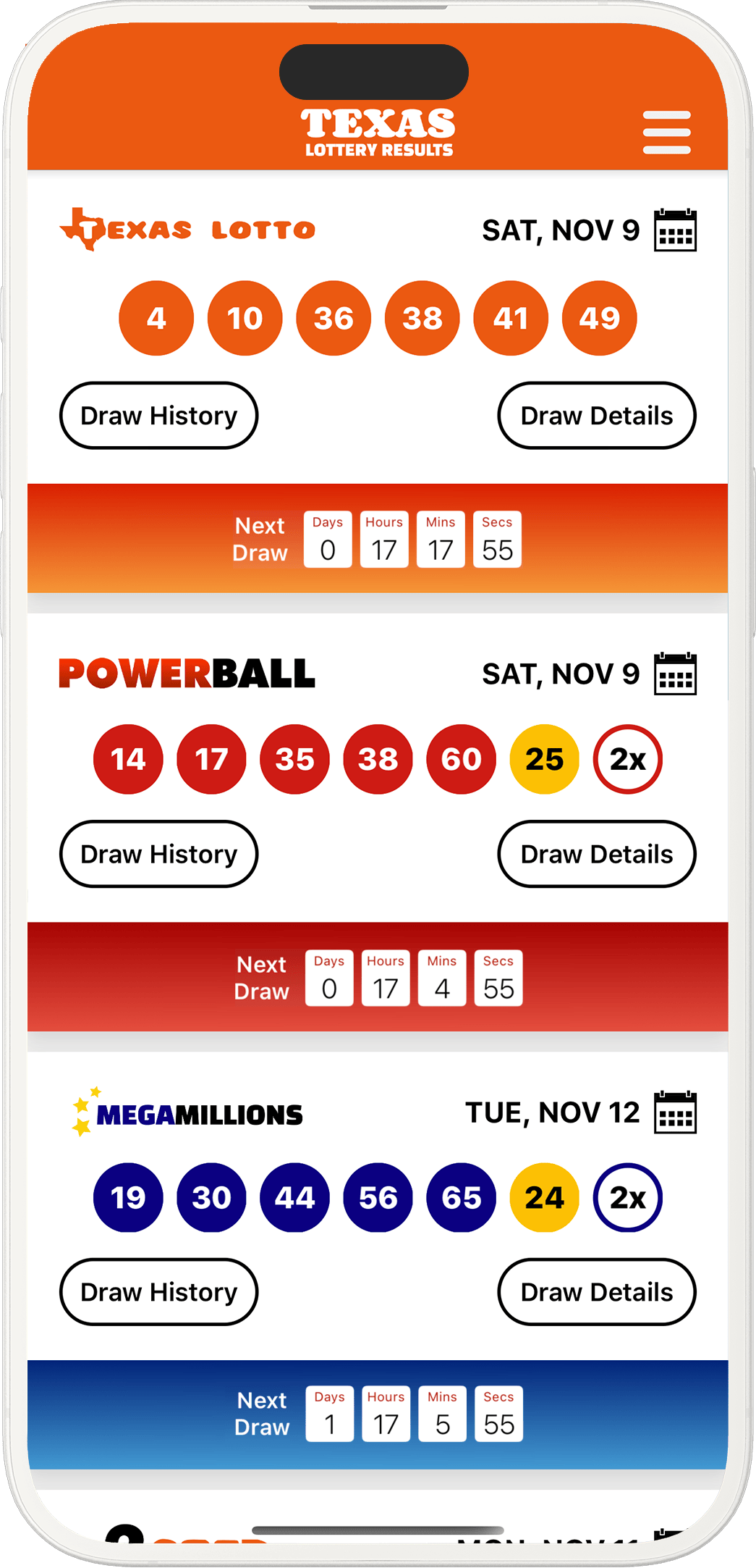 Image of the Texas Lottery Results app on iOS