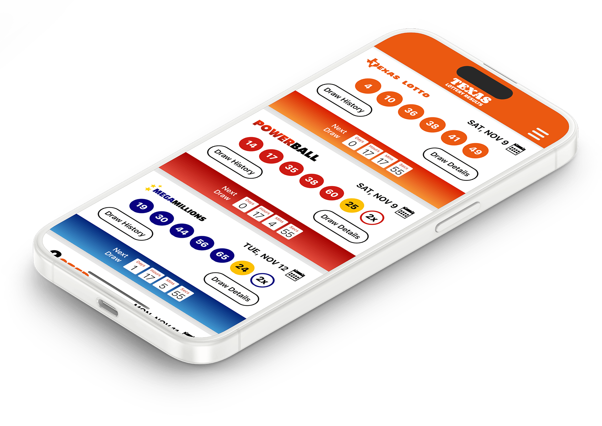 Image of the Texas Lottery Results app on iOS