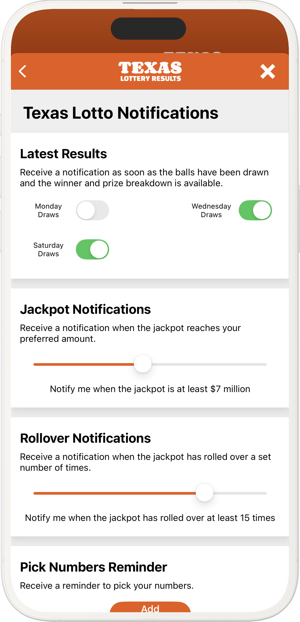 An image showing the Texas app notification options