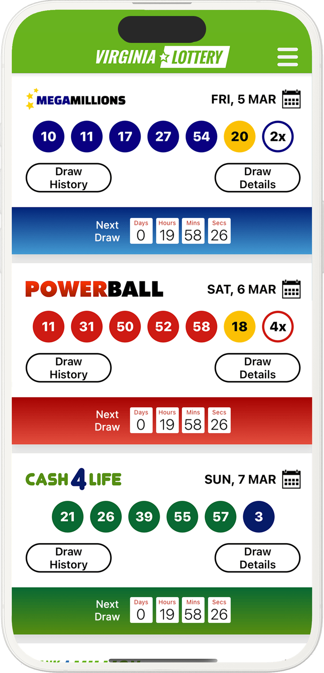 Image of the Virginia Lottery Results app on iOS