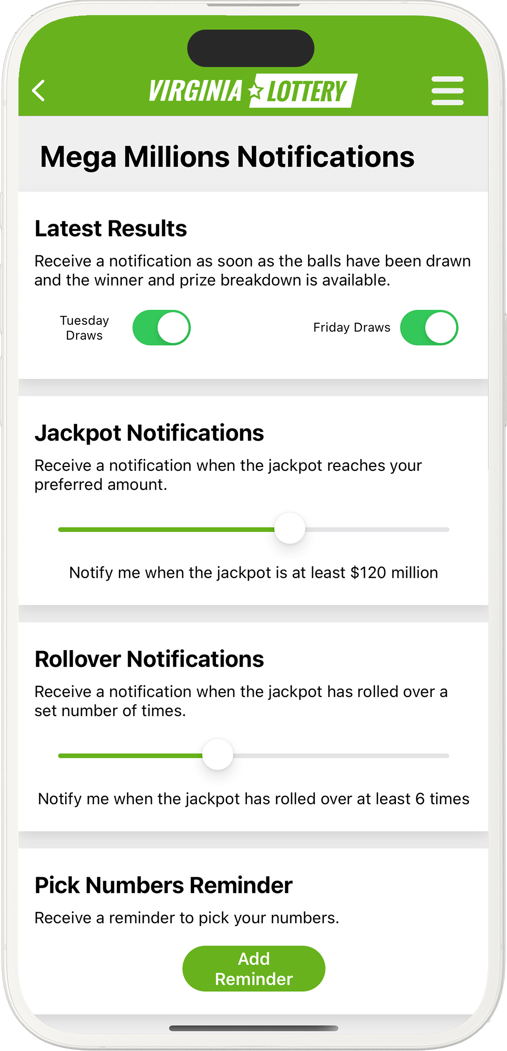 An image showing the Virginia app notification options