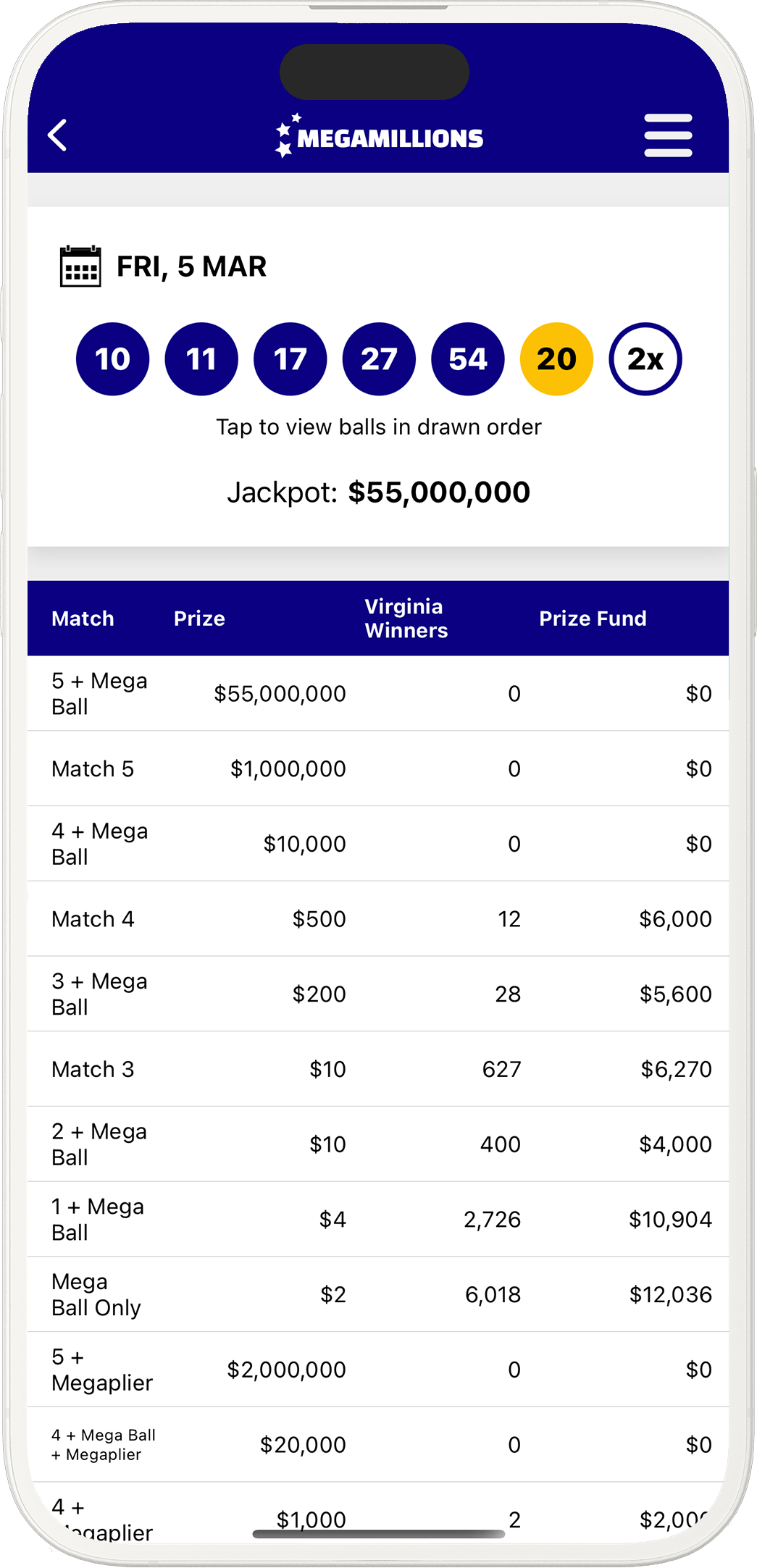 An image showing the Virginia app results pages